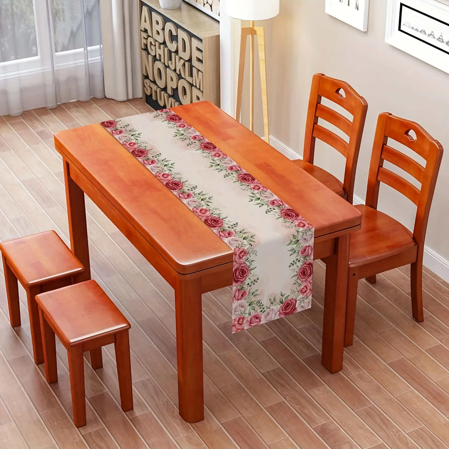 Camino de mesa bohemio de Pascua, primavera, rosa roja, decoración para de boda, camino de mesa de temporada, decoración del día de la madre