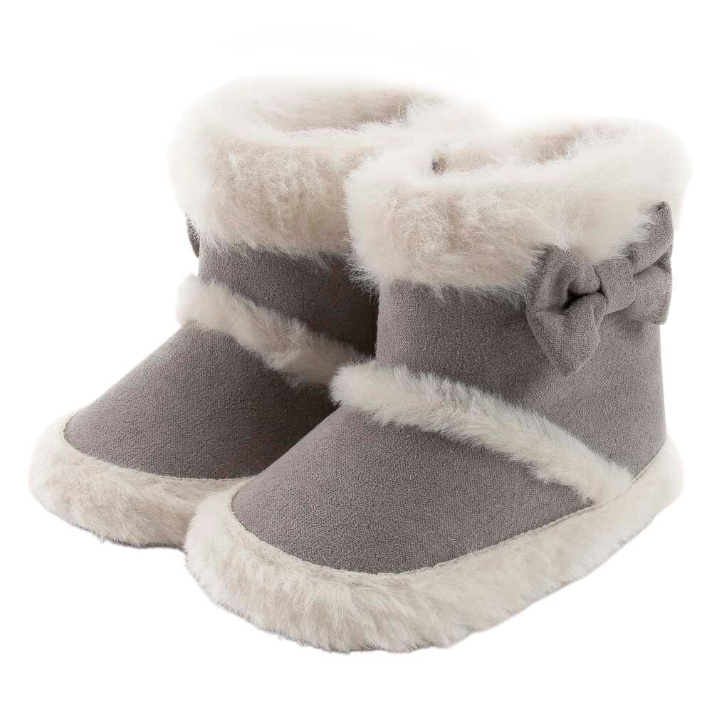 Botas de nieve de invierno para bebé, botas de suela suave antideslizantes, botines cálidos con ribete de piel sintética y lazo: Gris / 0-6 meses