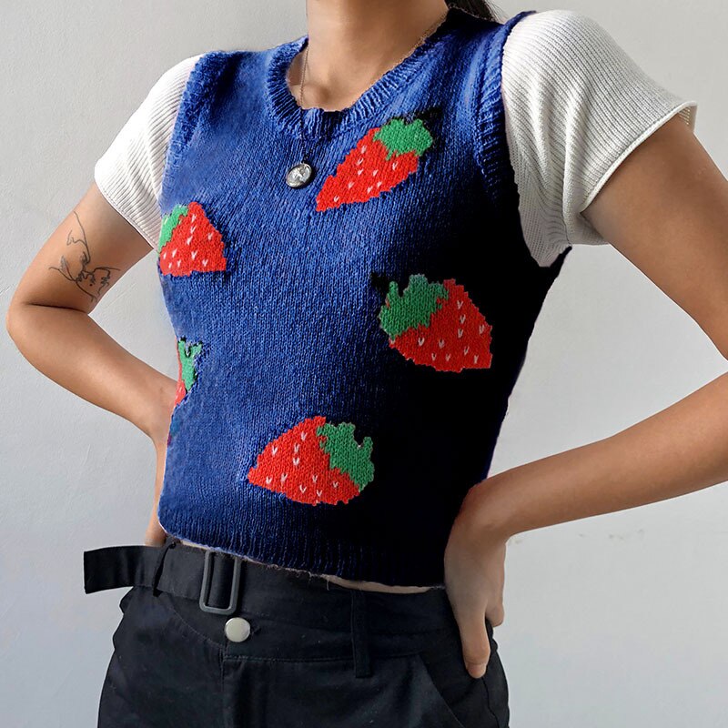 Gilet Tricot Fraise - Style Y2k Sans Manches - Top Court Col Rond
