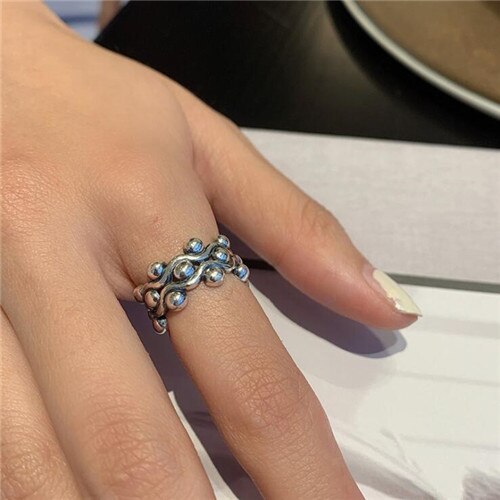 Yikuf88 s925 anel de prata esterlina feminino estilo étnico retro arranjado contas de prata anel aberto multi-camada punk hip-hop anel: J1457