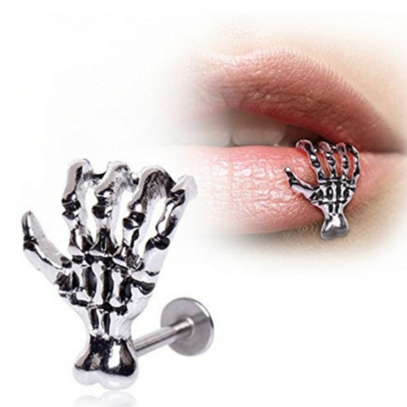 único Punk cráneo diablo mano piercing de joyas para labio esqueleto Labret para Mujeres Hombres Palma aretes de navidad