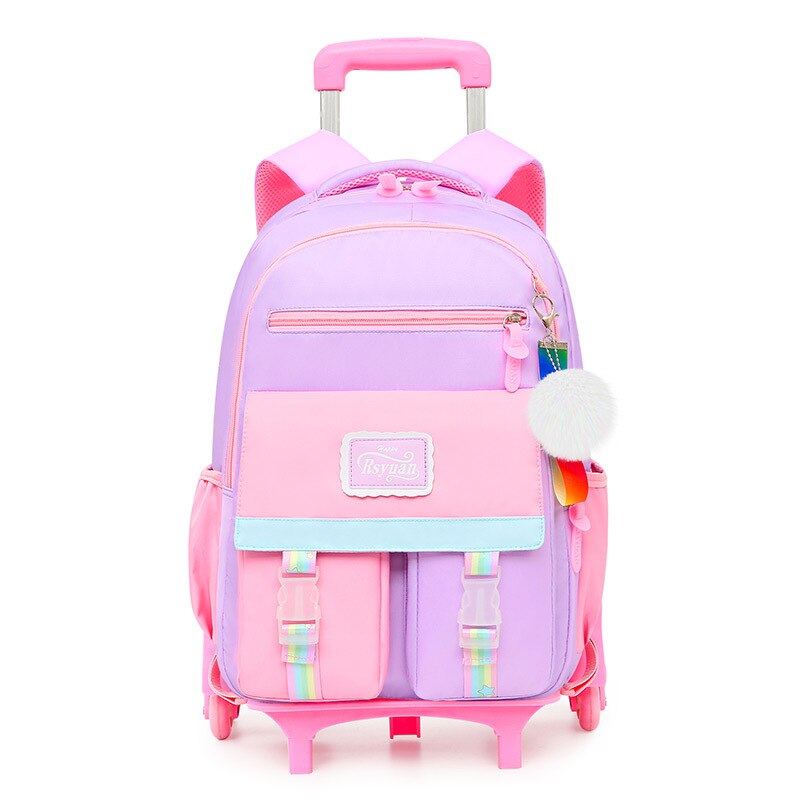 Orthopädischer schulranzen für freundlicher mit rollen, wasserdichter Rucksack für grundschüler, reiserucksack für Teenager-mädchen, Wagen-schulranzen: Lila rosa