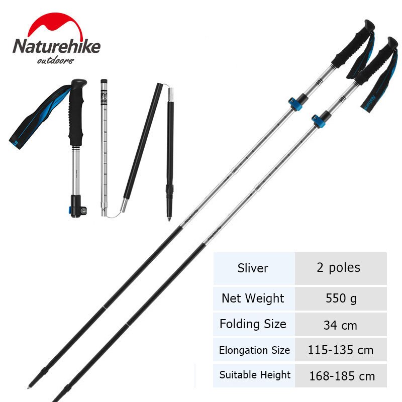 Naturehike Trekking Pole Portable Folding Trekking Walking Stick Telescopic Stick Hiking Stick Aluminium Walking Hiking Poles: Silver - 2 poles