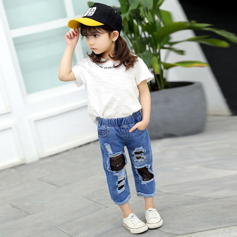 Børne jeans med huller til børn piger ripped mesh jeans sommer baby denim bukser til piger elastiske talje bomuldsbukser