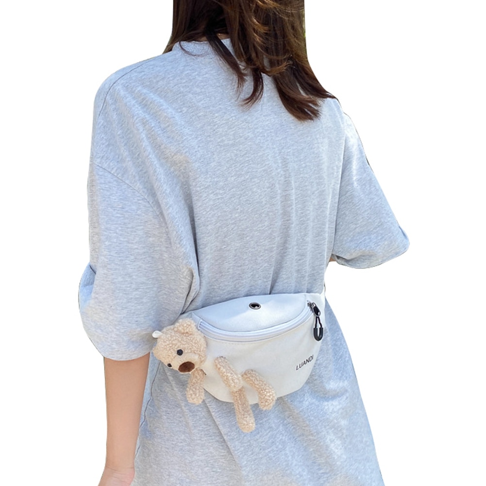 Doce meninas bonito dos desenhos animados urso saco de peito feminino casual lona pacote cintura zíper sacos crossbody sacos de esportes com buraco fone de ouvido