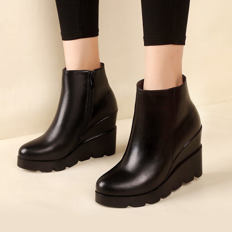 Otoño e Invierno de plataforma de cuero suave zapatos de tacón alto chica cuñas tobillo botas zapatos de para mujer botas Mujer talla 34-40