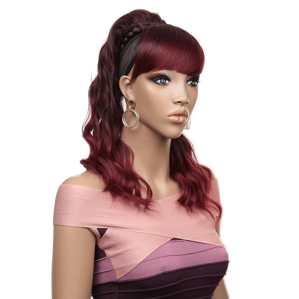16inch 160g Synthetic Ponytail With Bangs 2Combs Curly Wave Hair Rose Intranet Wine Red For Black White Women
