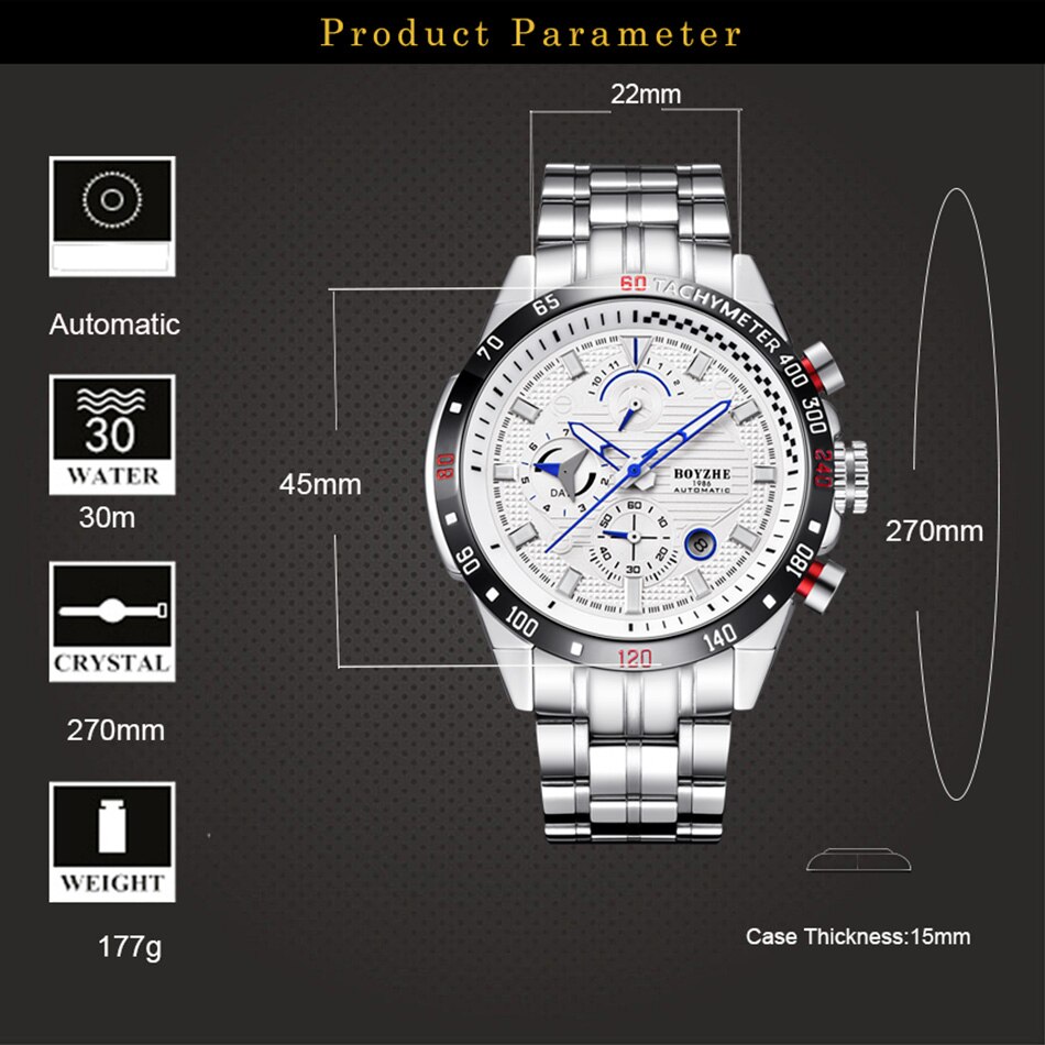 BOYZHE Sport Automatische Uhr Männer Edelstahl Chronograph Herren Mechanische Uhren Auto Datum Luxus montre homme