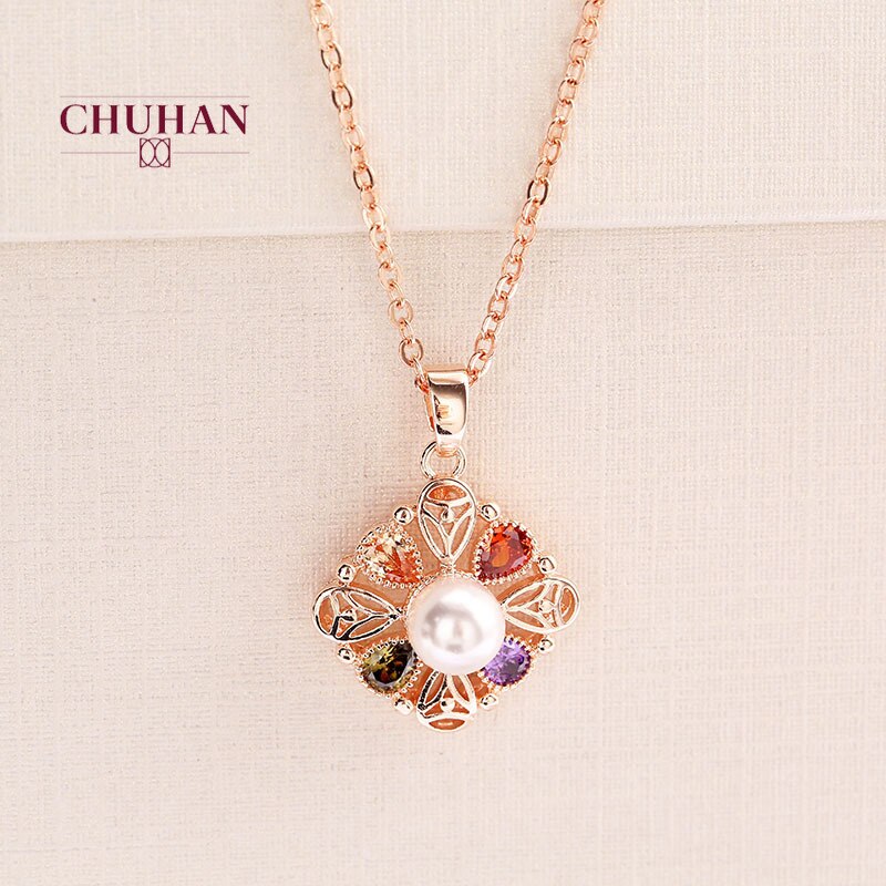 CHUHAN mujeres pendiente de collar de dos piezas conjunto de joyas romántico oro Color de rosa de Zirconia cúbica de La Perla de flor joyería nupcial J290