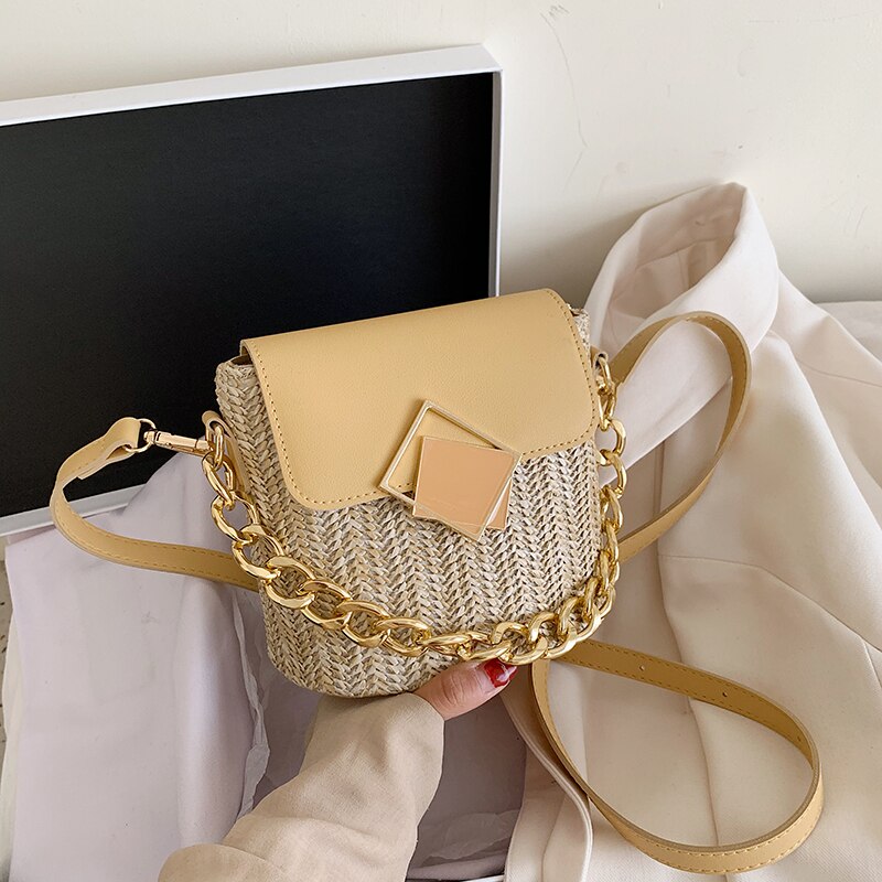 Kontrastfärg väv kedja tygväska sommar hög halm dam handväska lås axel messenger bag: Gul