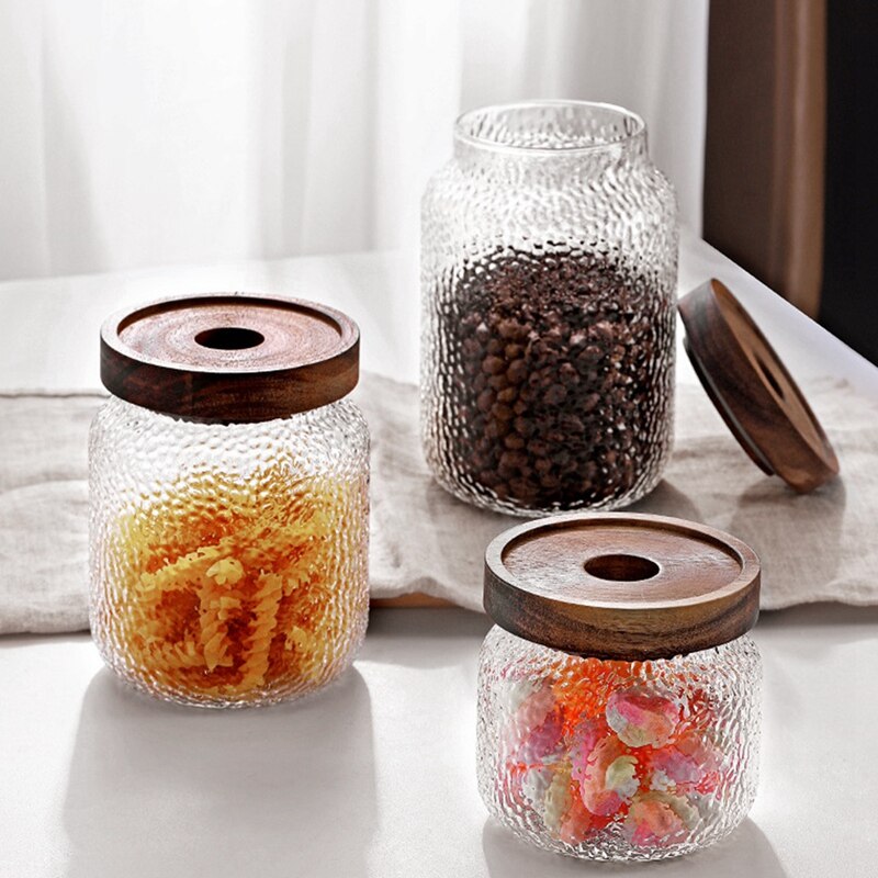 Jarra hermética de vidrio martillado para almacenamiento de granos de café, jarra de almacenamiento para té, caja para almacenar granos, suministros de cocina, 3 uds.