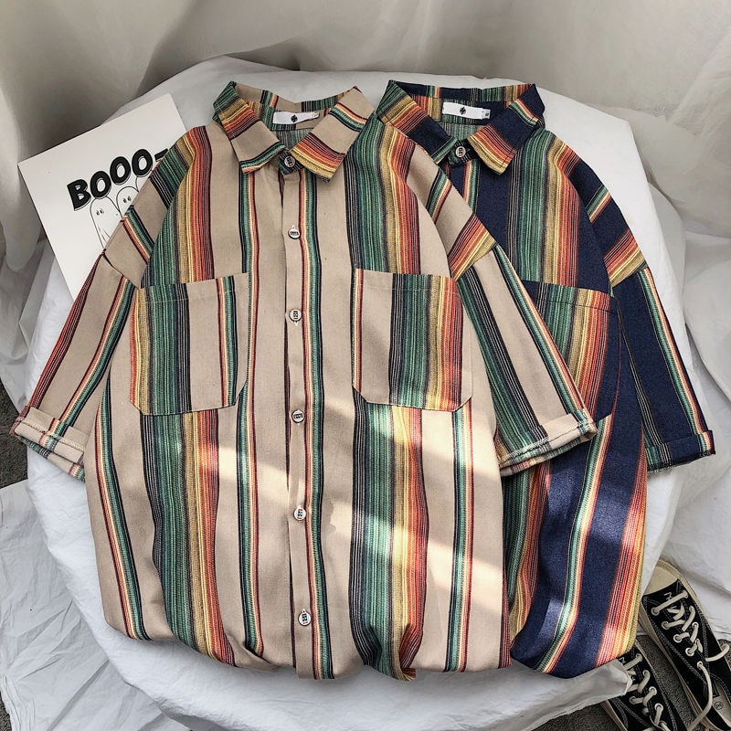 Sommer stribet skjorte herre kontrastfarve afslappet kortærmet skjorte herre streetwear vild løs kjole skjorter herre s -2xl