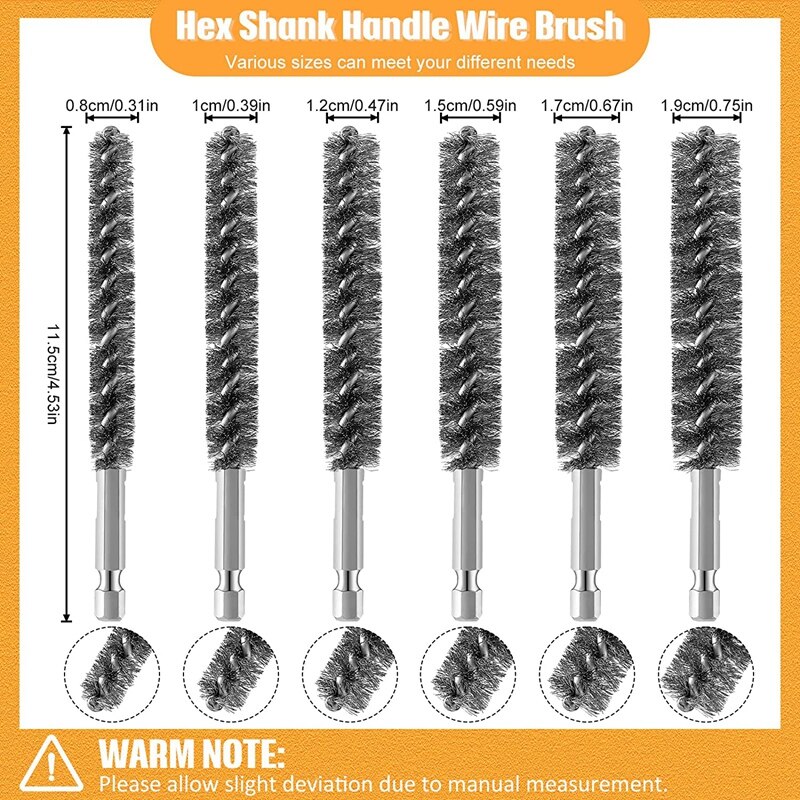 Bore Brush Stainless Steel Bristles Wire Brush For Power Drill Cleaning Wire Brush With Hex Shank Handle 6 Pieces