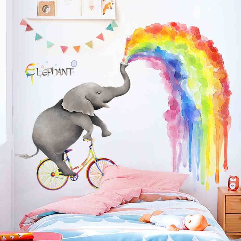 Cartoon Olifant Regenboog Muursticker Grote Dier Kinderkamer Decoratie Poster Kwekerij Muur Stickers Muurschildering Foto Wall Art: Default Title