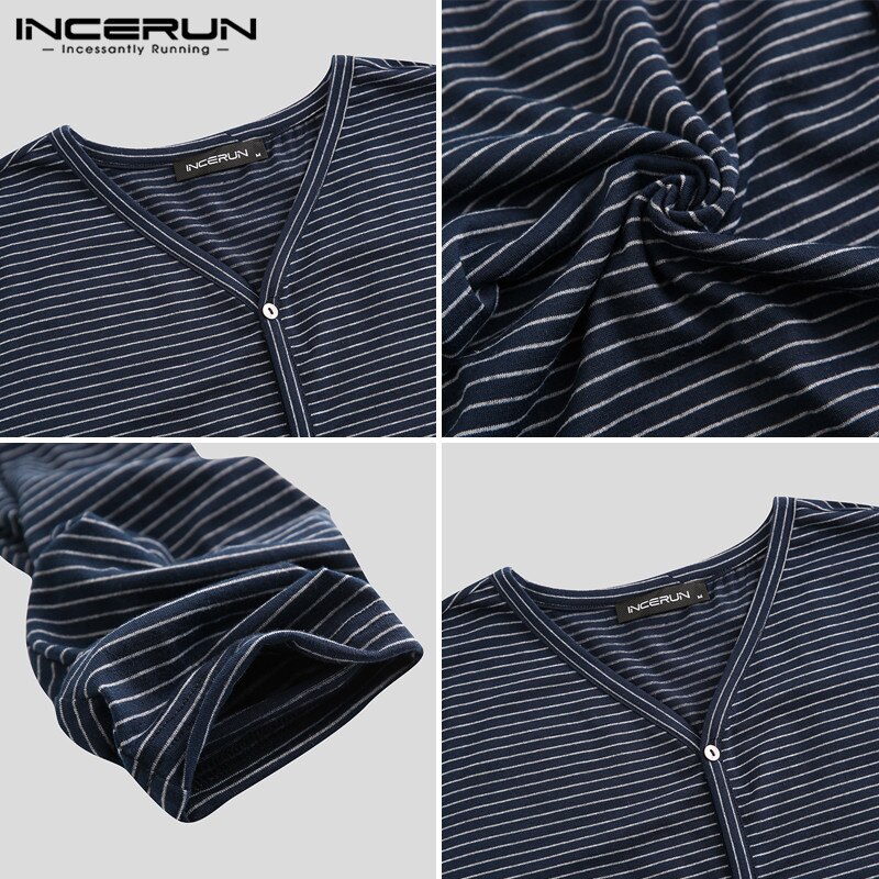 INCERUN Men Striped V Neck Casual Long Sleeve Button Leisure Cardigan Tops Homewear Breathable Thin Sleepwear Camiseta