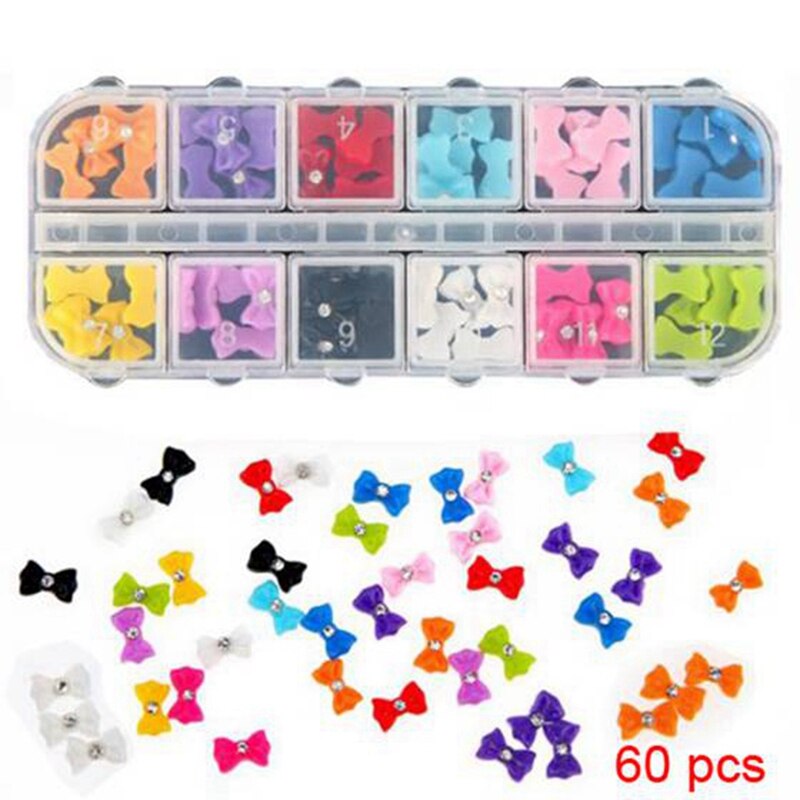 60 Pcs Acryl 3D Strass Nail Art Glitter Bows & 10 Pcs Wit Strikje Hart 3D Legering Nail Art slices Glitters