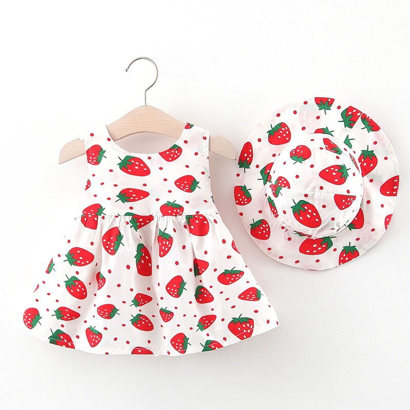 Vestido de verano de fresa con sombrero para bebé, con lazo grande, línea A, ropa de verano para niña, Vestido de playa infantil para bebés