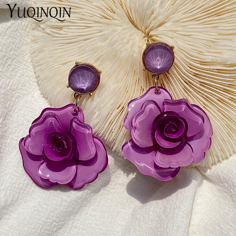 Vintage coréen acrylique Rose fleur boucles d'oreilles pour femmes acétate résine longues boucles d'oreilles pour filles bijoux Brincos