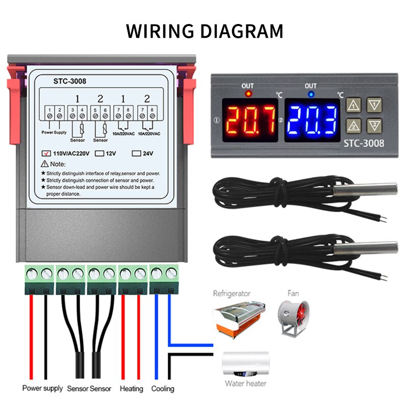Dubbel digital inkubator termostat temperaturregulator  -3008 intelligent två reläutgångar värme kylning termoregulator