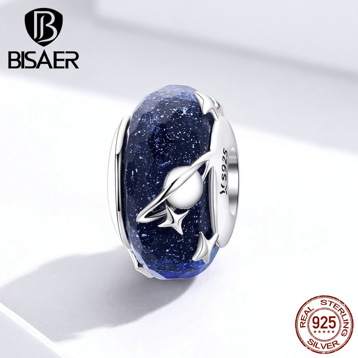 European Glass Beads BISAER 925 Sterling Silver Star Planet Glass Beads Charms fit Bracelets Bangles Silver 925 Jewelry ECC1284
