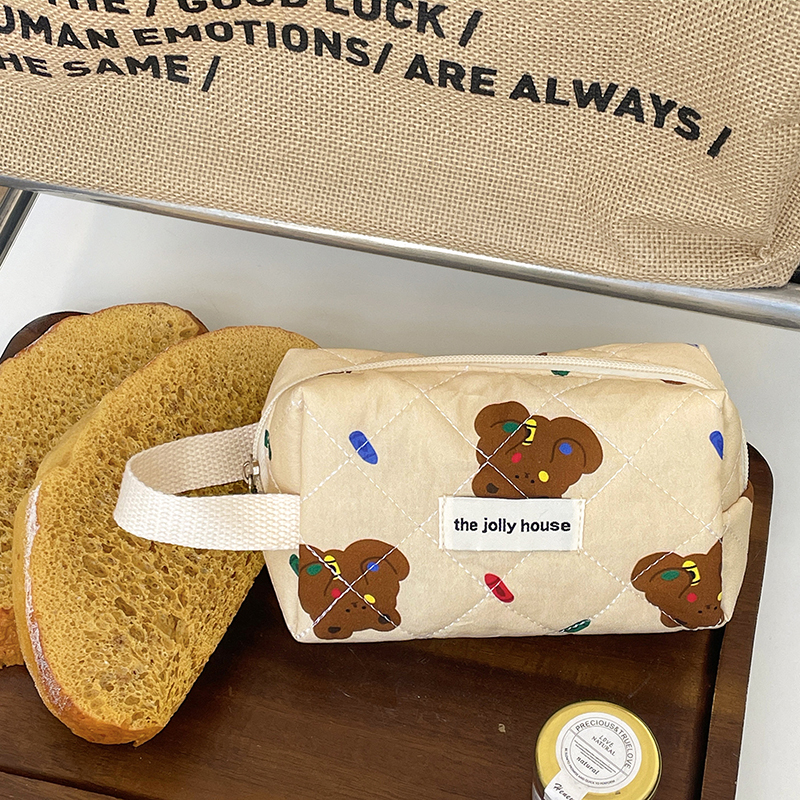 Cartoon Bear Tote Cosmetic Bag Women Quilting Cotton Mini Make Up Orgainzer Storage Pouch Portable Travel Wash Bags: Gold