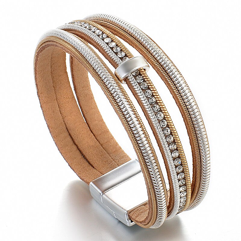 Flashbuy Rhinstone Multilayer Leather Bracelets For Women Vintage Metal Charms Wrap Bracelets Charms Jewelry Femme Accessories