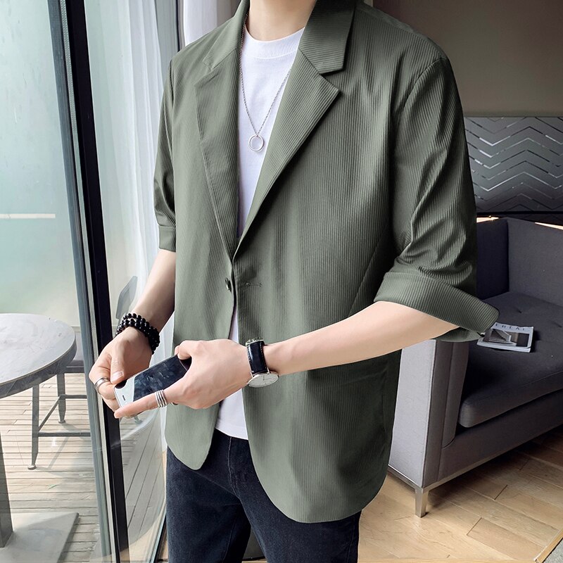 Summer Half Sleeve Blazers Men Striped Leisure British-style Trendy All-match Simple Korean Suit-tops Male Chic Daily Streetwear