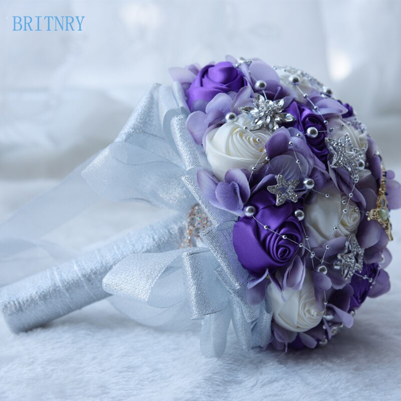 BRITNRY Fantasy Rose Wedding Bouquet Moon and Star Brooch Bouquet Satin Bride's Bouquet Purple Bridal Bouquet with Beads