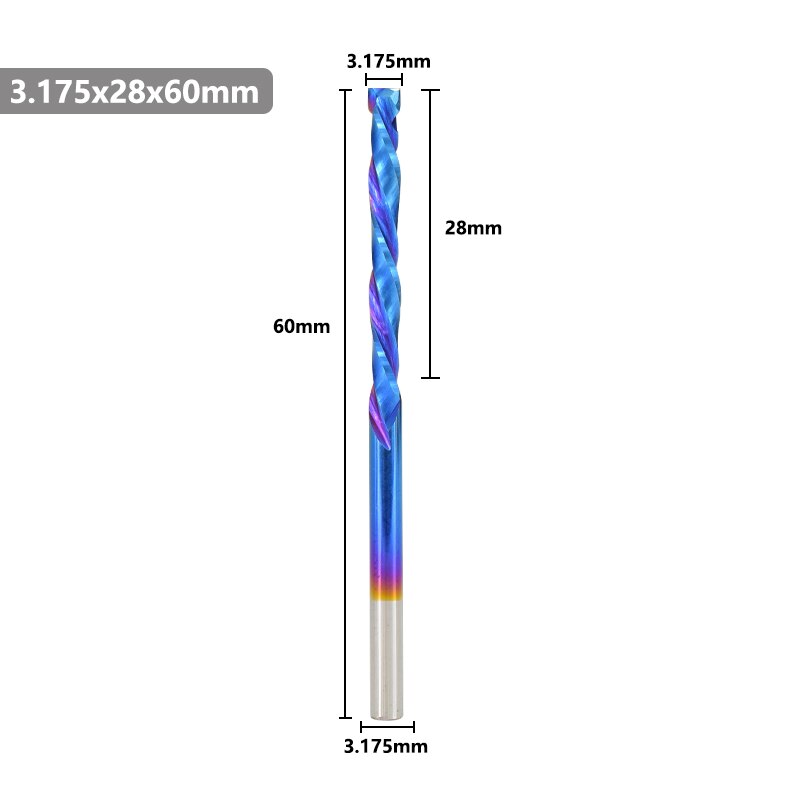 Up Down Cutter 2 Flute End Mill Nano Blue Coating 3.175mm Shank Spiral Router Bit For Compression Tool Tungsten Carbide Cutter: 3.175x28x60