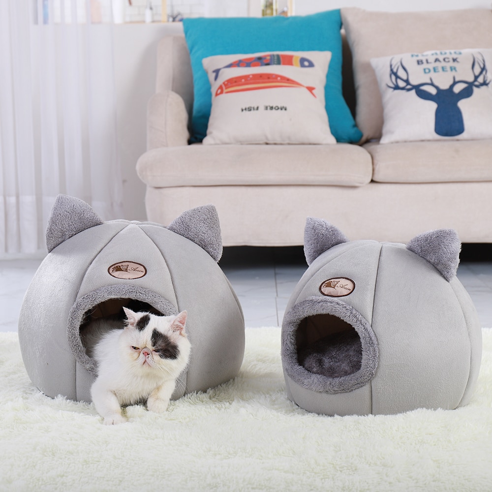 Zachte Pet Cat Bed Huis Warm Huisdier Bed Cave Tent met Afneembare Kussen Winter Slapen Huisdier Pad Nest Katten Producten