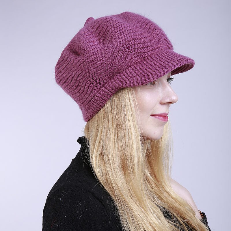 Autumn Winter Brim Wool Hat Solid Color Soft Beanie Female Women Warm Fleece Inside Knitted Visors Cap