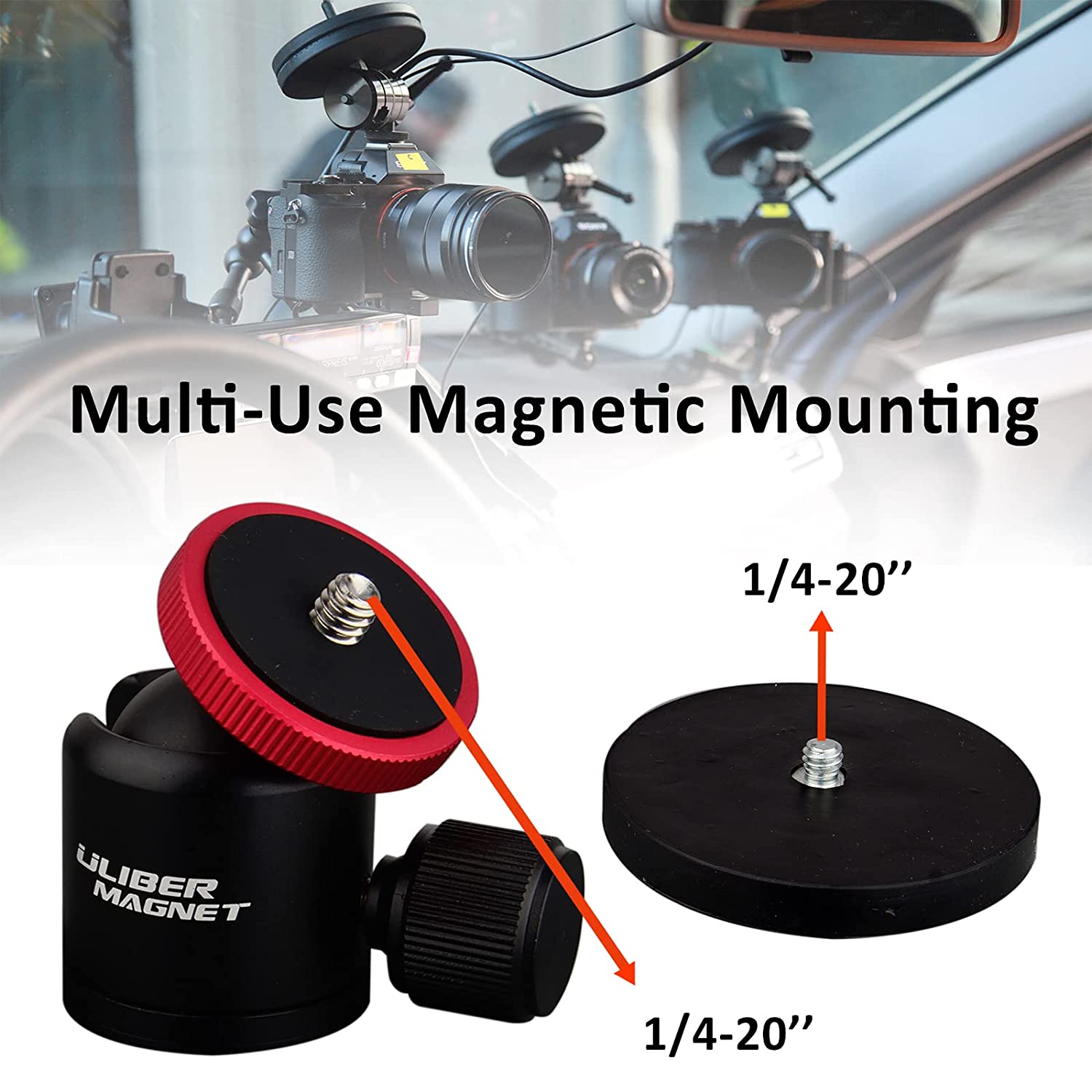 Base de montage de caméra magnétique, 60lb, Mini tête sphérique, revêtement en caoutchouc, aimant N52, filetage mâle 1/4-20 pouces, pour caméra de sécurité Mobile