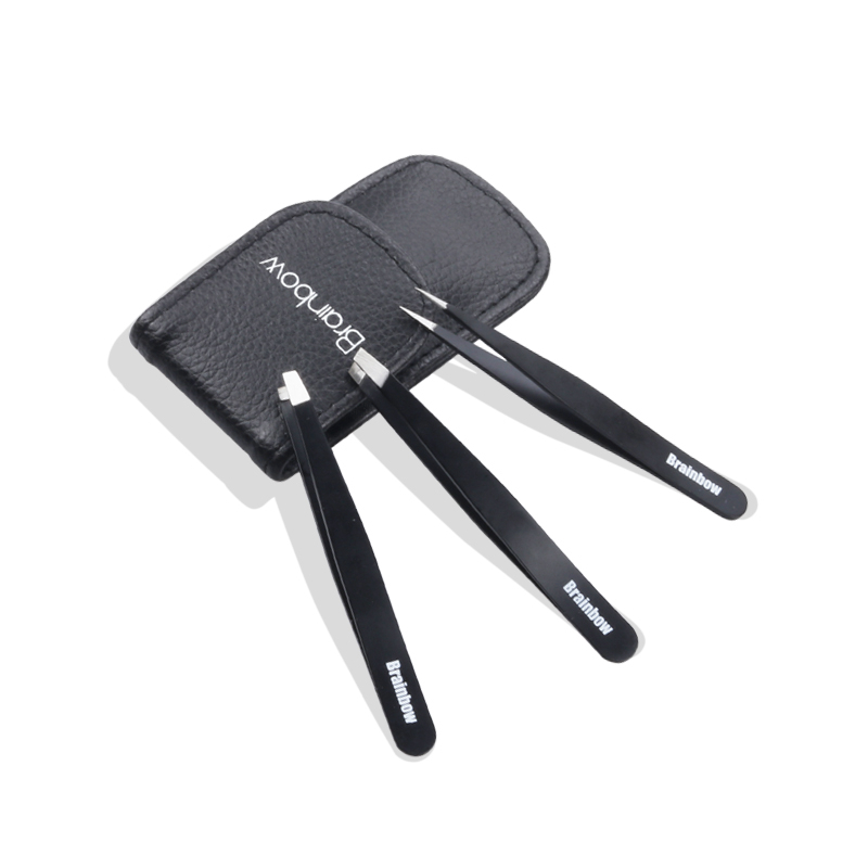 Brainbow-Juego de pinzas para cejas de 3 piezas, acero inoxidable, Punta inclinada/punta plana/ojos, herramientas de maquillaje para depilación facial: Negro