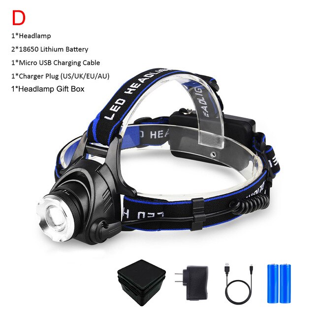Led otsalamppu erittäin kirkas ajovalo  t6/l2 ulkona vedenpitävä zoomattava usb ladattava 18650 akku taskulamput retkeilyvalo: Paketti d / T6
