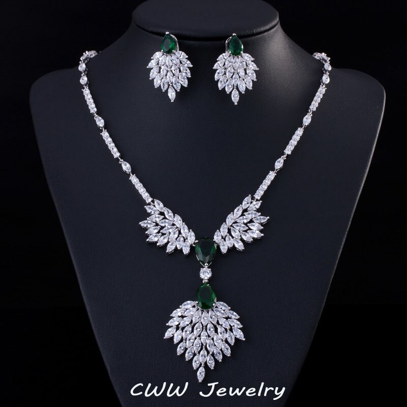 CWWZircons Marca Designer de Acessórios Do Casamento de Noiva Conjunto de Jóias Big Drop Red Cubic Zirconia Colar e Brincos de Noiva T231: green
