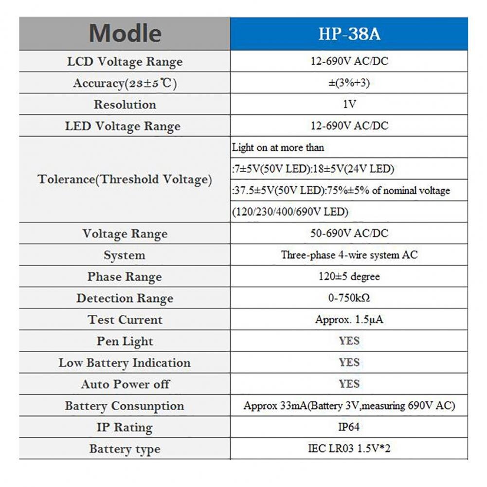 Probador de voltaje de HP-38A, pantalla LCD, medición precisa, retardante de llama, multímetro Digital tipo bolígrafo IP64 con lámpara de luz para Circ