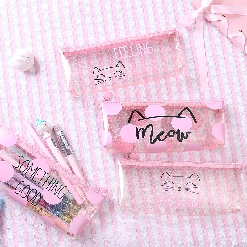 Estuche de plástico para lápices Kawaii, Estuches de con de gato y puntos, estuche para lápices escolares, material de papelería, 1 unidad