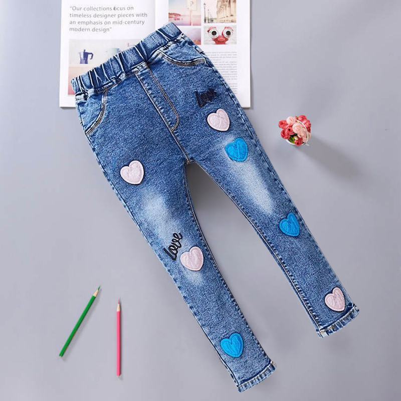 Pantalones vaqueros de de amor para niñas de 4 a 12 años, Jeans informales con cintura elástica, pantalones de tubo ajustados para primavera y otoño: 1 / 110