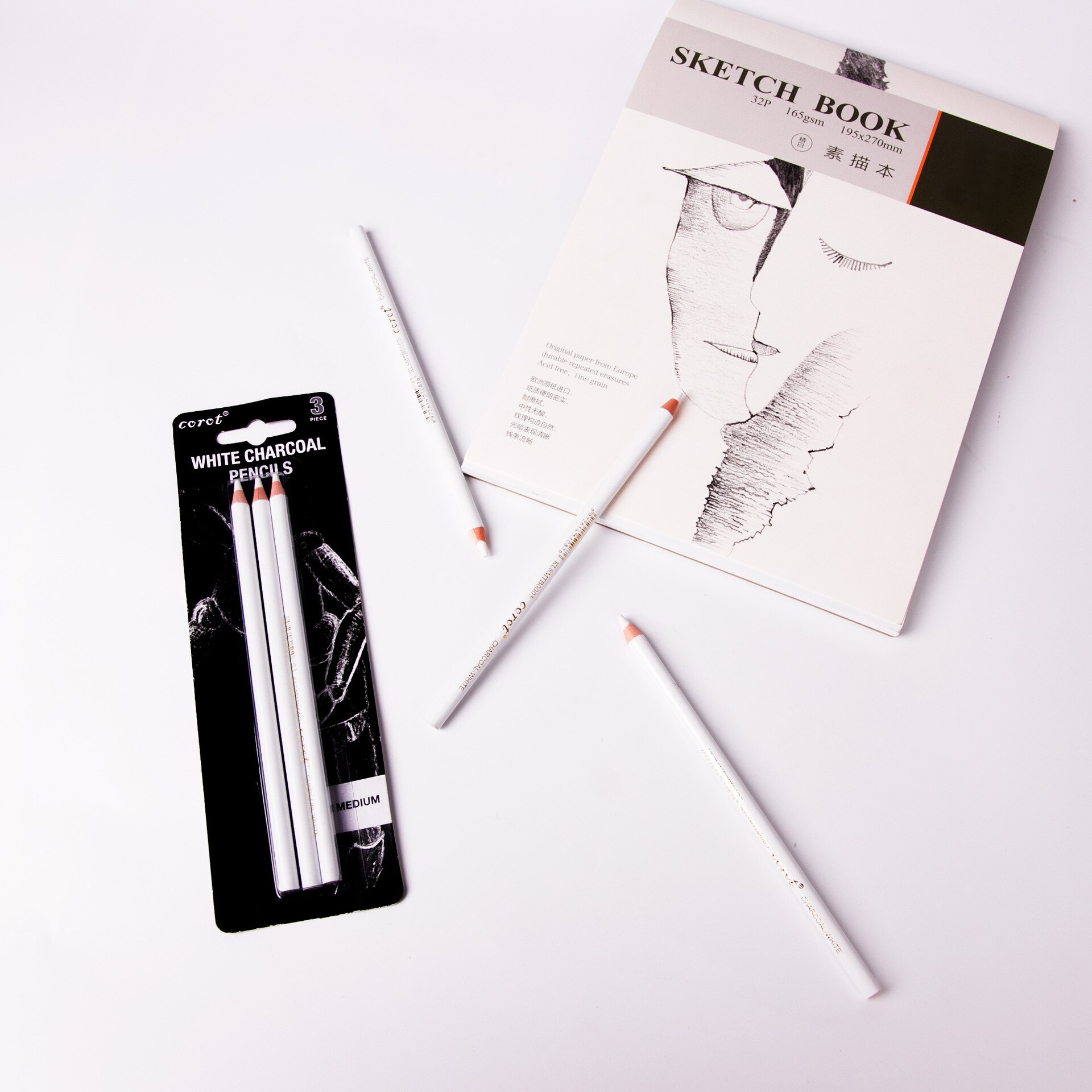3Pcs White Sketch Charcoal Pencil Standard Pencil Drawing Pencils Set for Painter Painting Art Supplies
