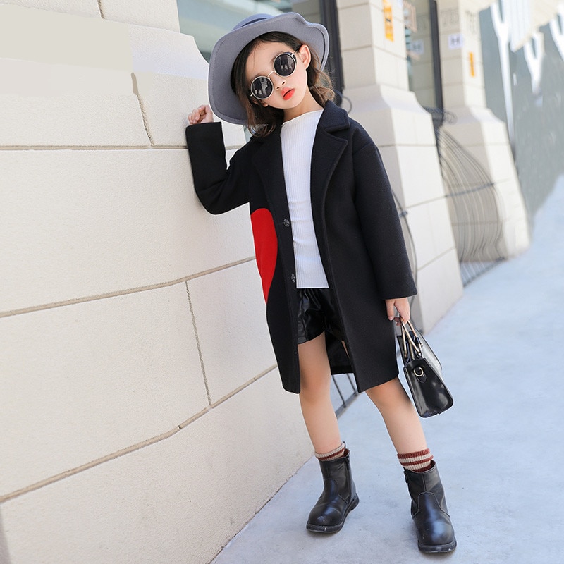 Meisjes winterjas dikker kinderen wollen jas kinderen trend peuter liefdeshart bovenkleding peuterkleding ,4-12y,#2397: Zwart / 6