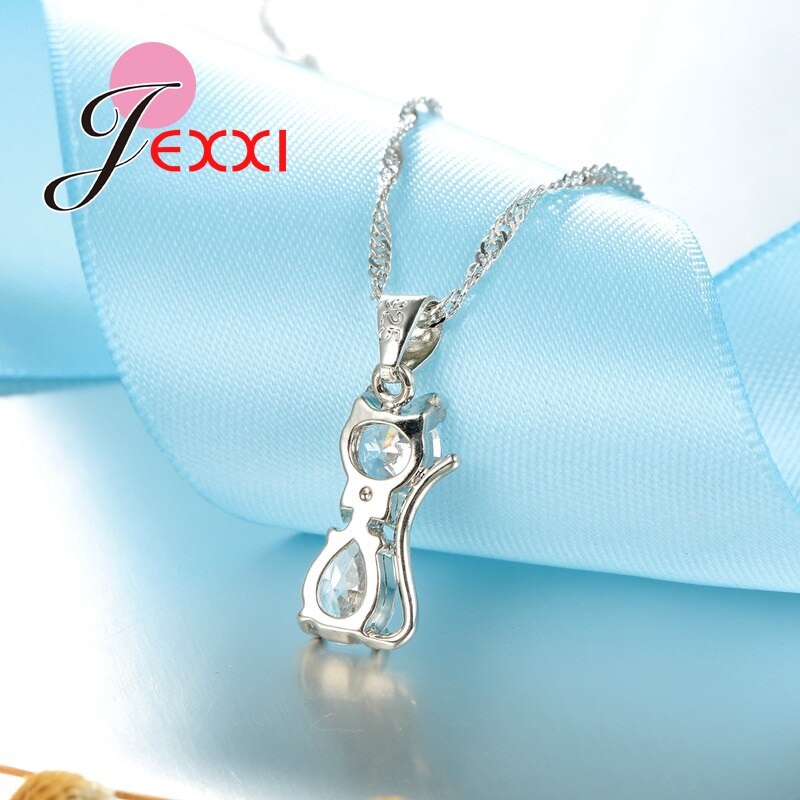 Juego de juegos de joyas para mujer, cristal austriaco de Plata de Ley 925, de gato lindo, colgante de cristal de gota de agua, collar