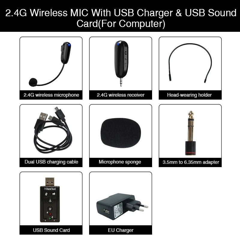 Mini 2.4G Wireless Microphone Systems Speech Headset Megaphone Mic For Computer PC Loudspeaker Teaching Tour Guide: EU plug sound card