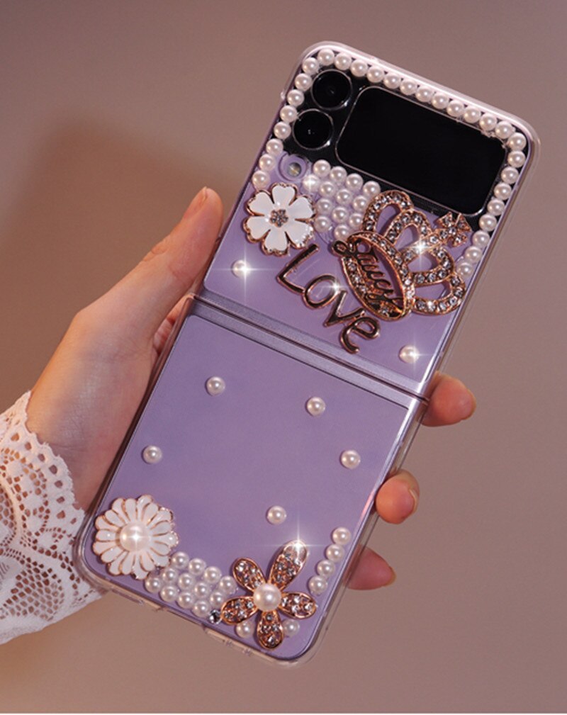 Luxo coroa glitter diamante caso de telefone para samsung galaxy z flip 3 4 zflip 5g strass brilhante transparente capa dura