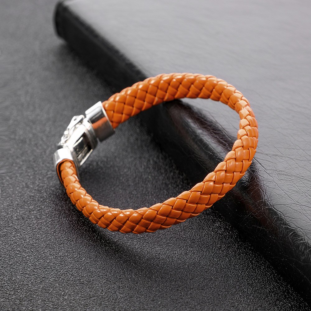 925 Silver color Men Jewelry Buddha Bracelet Wristband Punk Black Braided Leather Bracelet for Men Safty Clasp Bangles: D / 18.5cm