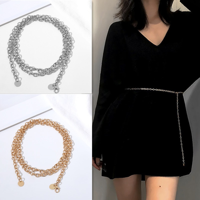 Moda feminina cintura corrente cintos feminino prata corpo mini metal vestido cinto dourado feminino lantejoulas correntes finas mulheres