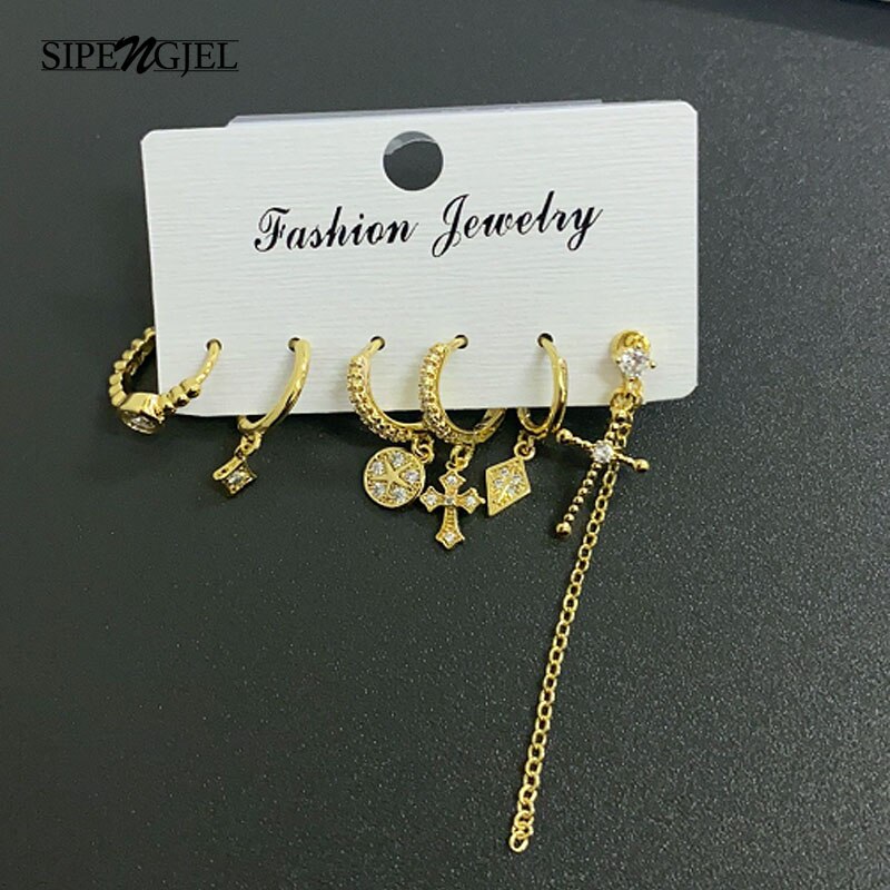 SIPENGJEL-Conjunto de pendientes de aro con perlas cruzadas para mujer, aretes colgantes de cadena larga, joyería ,: GOLD