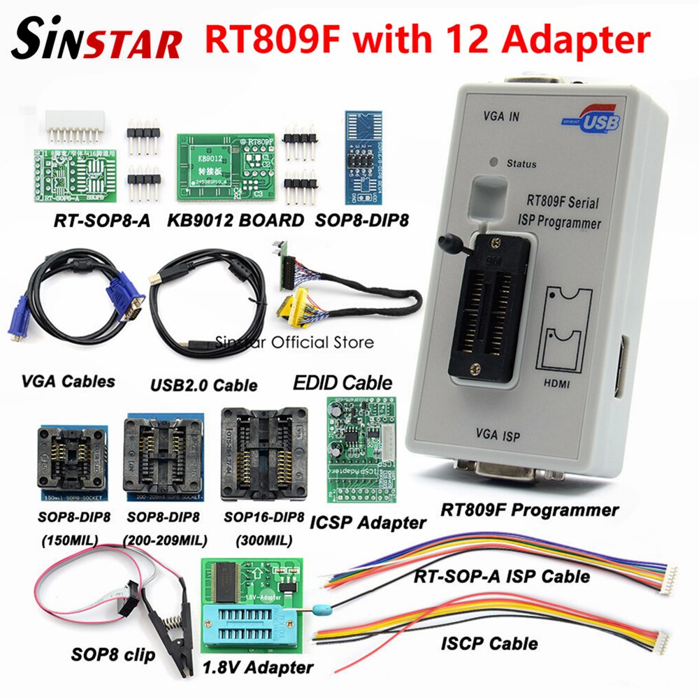 Newest RT809F ISP Programmer/ RT809 lcd usb programmer Repair Tools 24-25-93 serise IC with 12 adapters