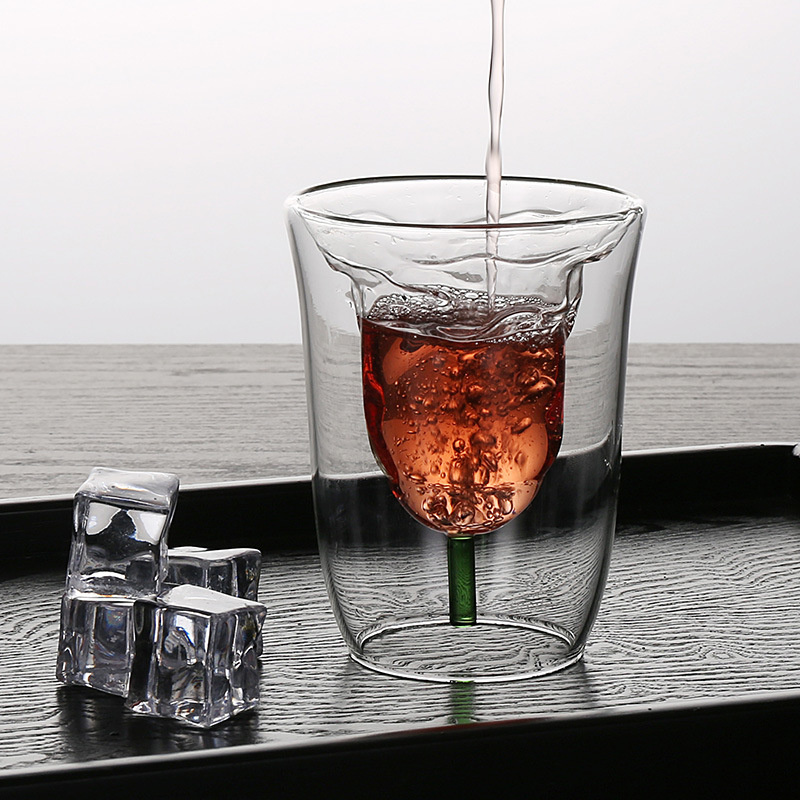 Rose Flower Shape Double Wall Glass Cup Heat-Resisting Wine Glasses Tea Mugs Milk Cocktail Whisky Cup Drinkware