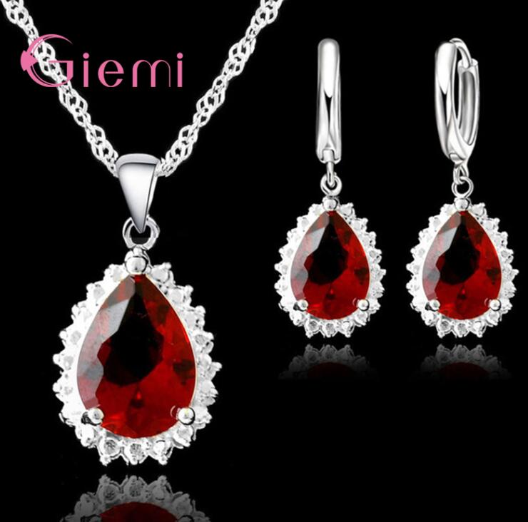 Gorgeous Retro Red Water Crystals Pendant Necklace Earrings 925 Sterling Silver Jewelry Set For Woman Lady Party: Hoops