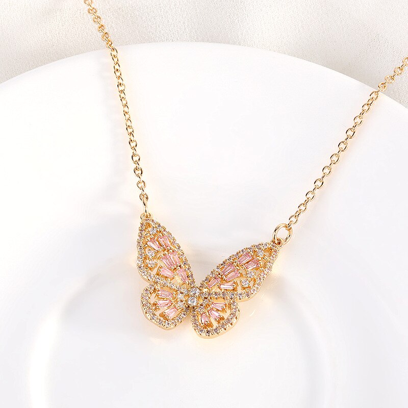 glänzend Seite Neue Zubehör Kristall Schmetterling Anhänger & halsketten für Frauen Elegante Zirkonia Kette Halsband Halsketten
